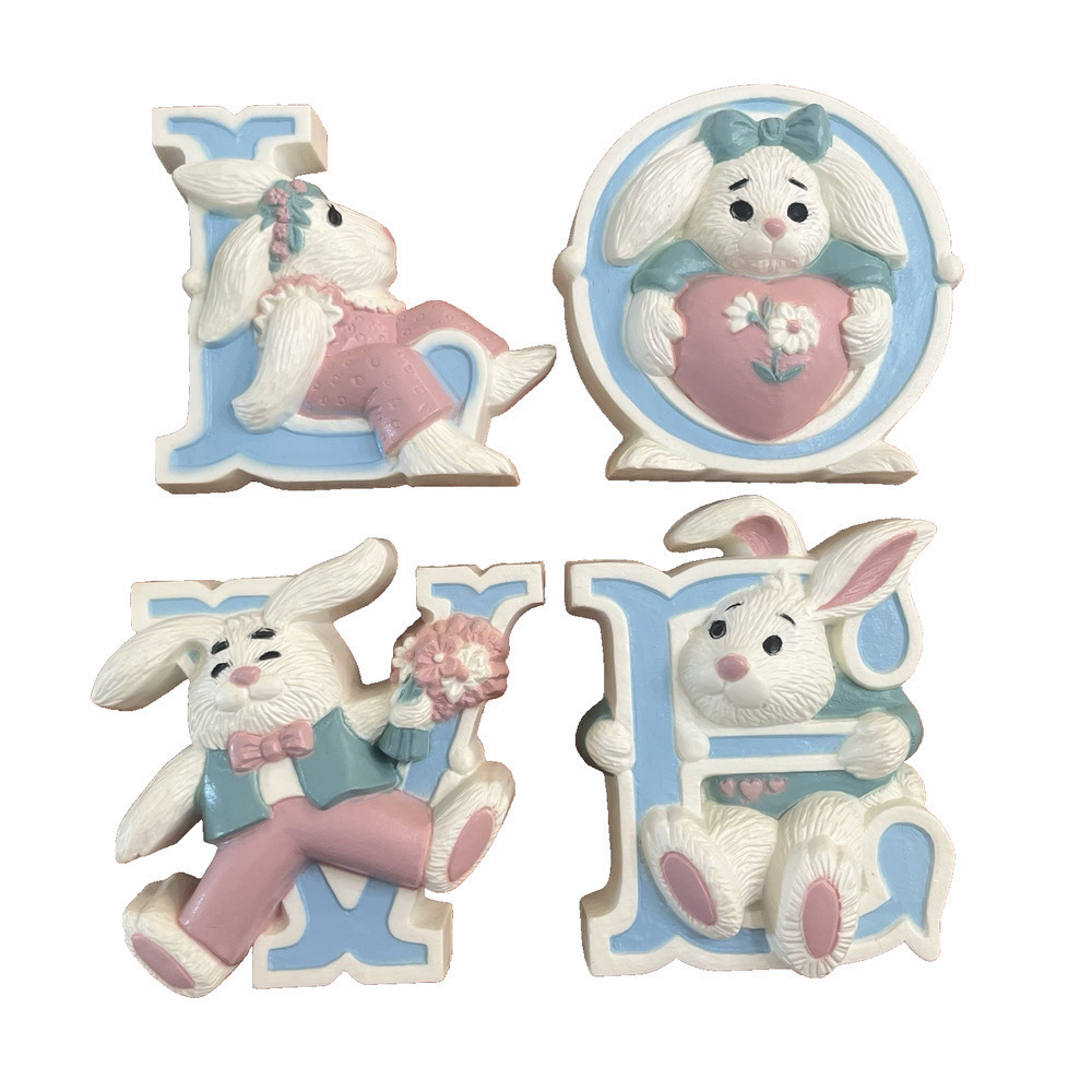 Vintage Burwood Wall Decor LOVE Bunny Rabbits Nursery Girl Boy Room Pink Blue